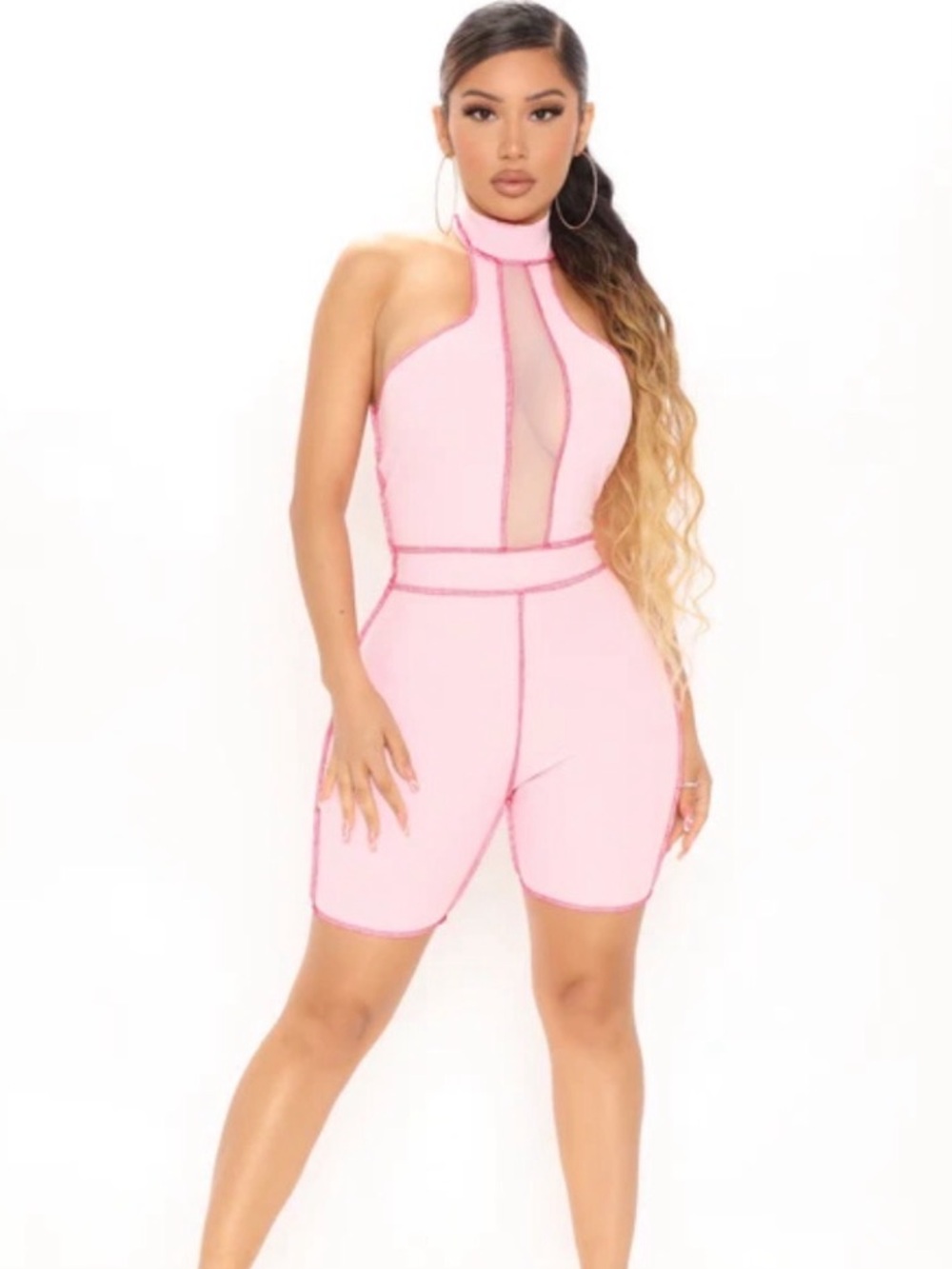 Fashion Nova Pink Ribbed Halter Romper with Mesh Detail